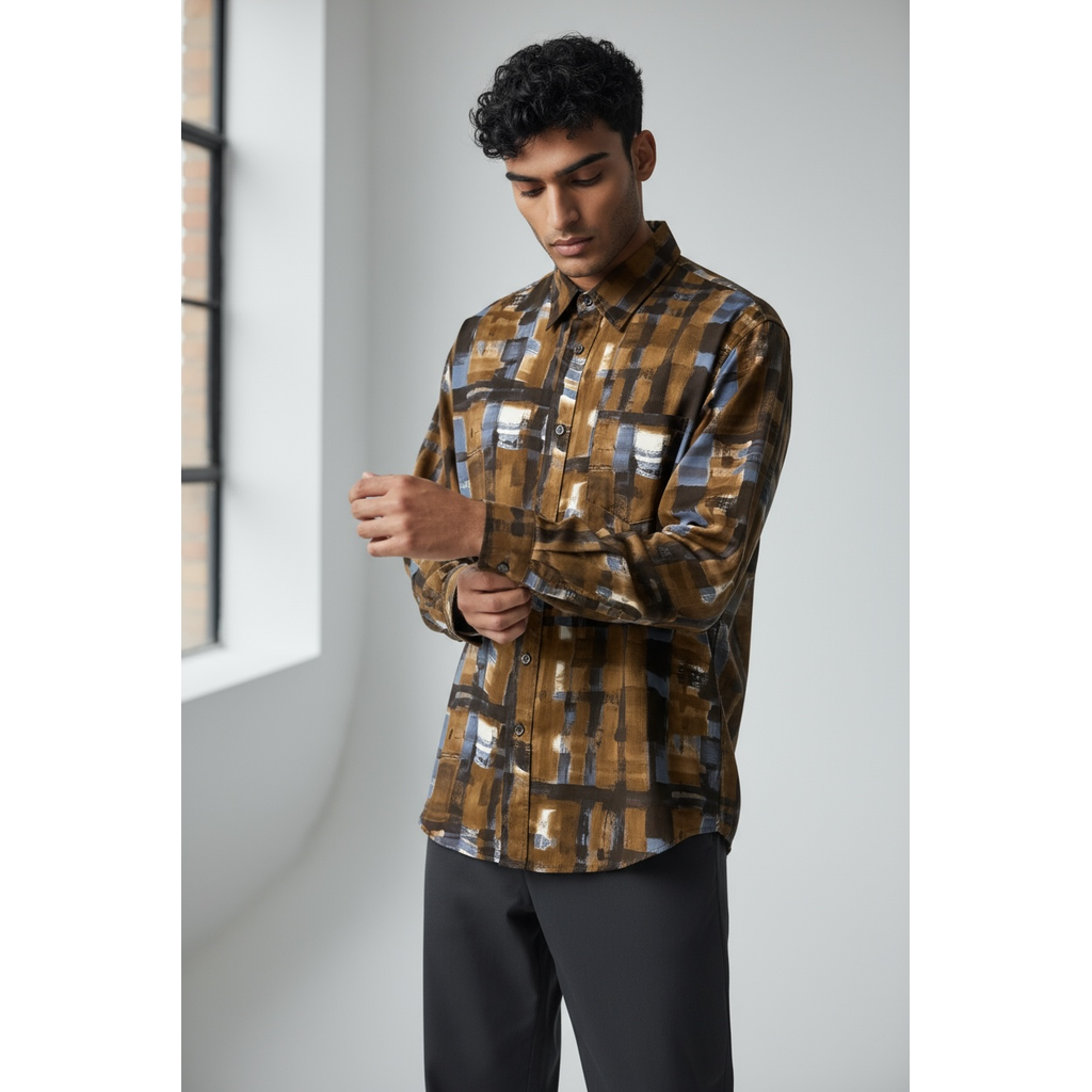 【MADE IN JAPAN】LINEAGE ABSTRACT CHECK SHIRTS(BROWN)
