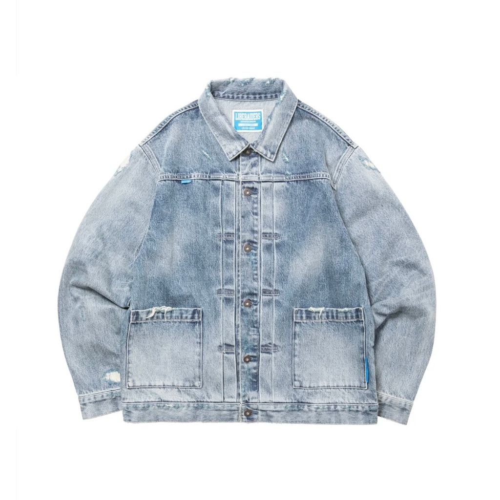 新品未使用 Liberaiders TRUCKER JACKET Lサイズ Liberaiders DAMAGED DENIM TRUCKER JACKET – MAROON WEBSTORE
