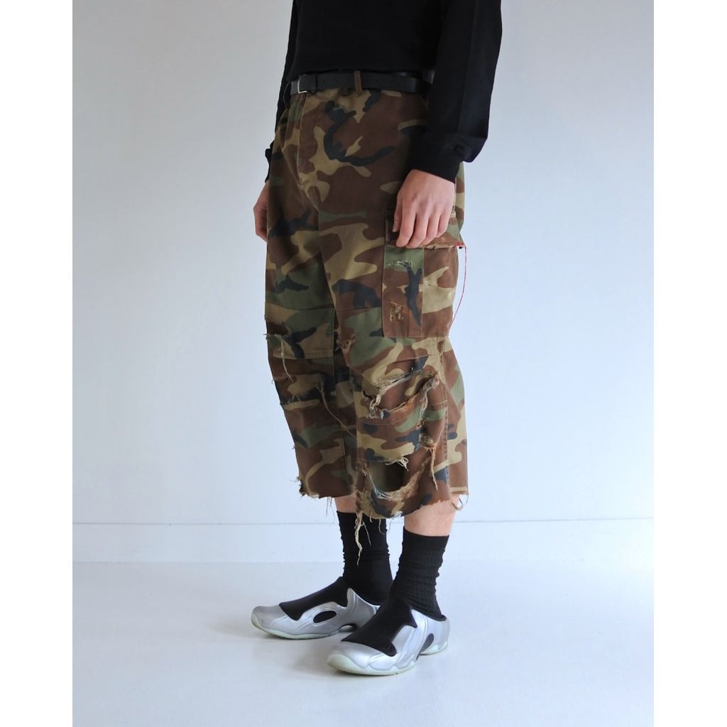 ANACHRONORM  AN372 BLACK CUT-OFF HARD DAMAGED B.D.U CAMO PANTS WOODLAND