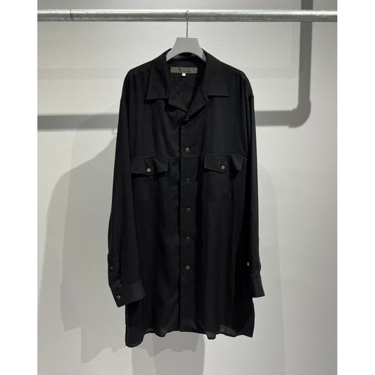 Y's for men CELLULOSE LAWN PANEL OPEN COLLAR SHIRT（BLACK）