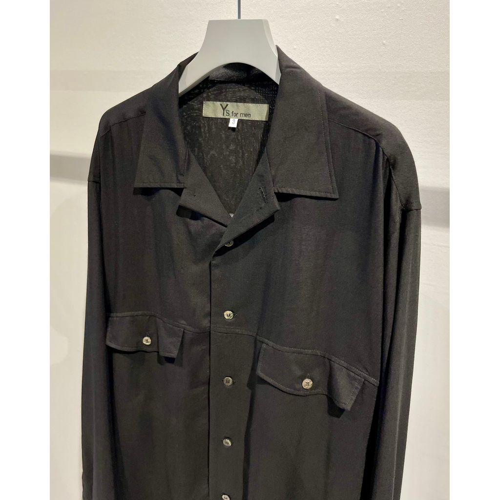 Y's for men CELLULOSE LAWN PANEL OPEN COLLAR SHIRT（BLACK）