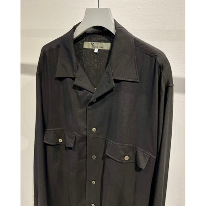 Y's for men CELLULOSE LAWN PANEL OPEN COLLAR SHIRT（BLACK）