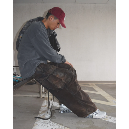 ANACHRONORM  AN372 BLACK CUT-OFF HARD DAMAGED B.D.U CAMO PANTS WOODLAND