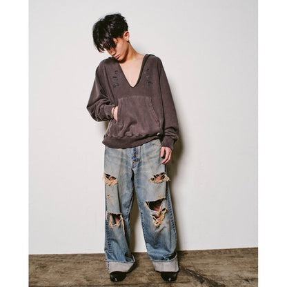 SUGARHILL  DAMAGED MODERN DENIM PANTS WIDE CUT