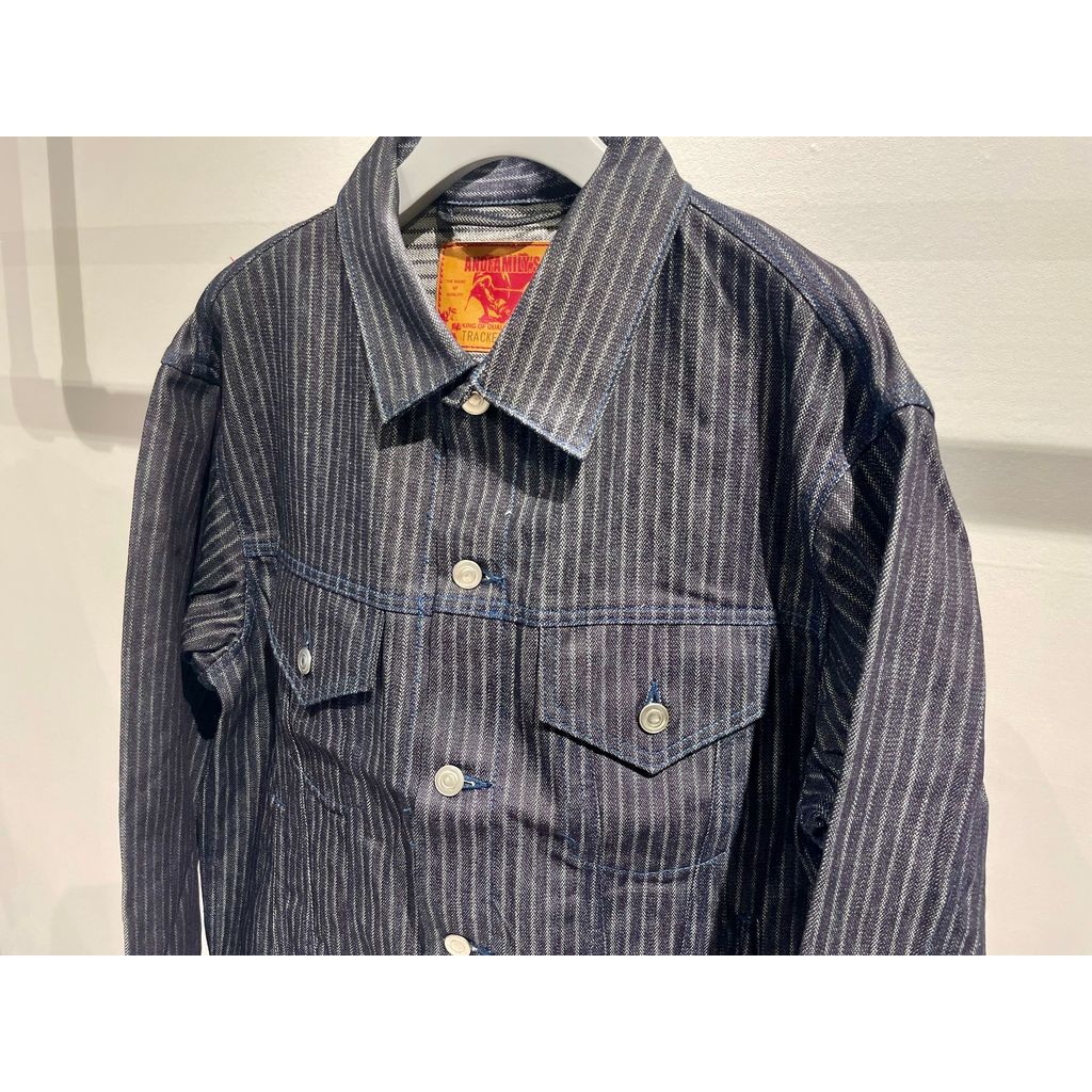 ANDFAMILYS DENIM TRACKER JACKET INDIGO STRIPE