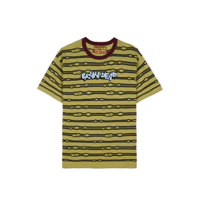 BRAIN DEAD EMBROIDERED PUCKERED STRIPED T-SHIRT - LIME