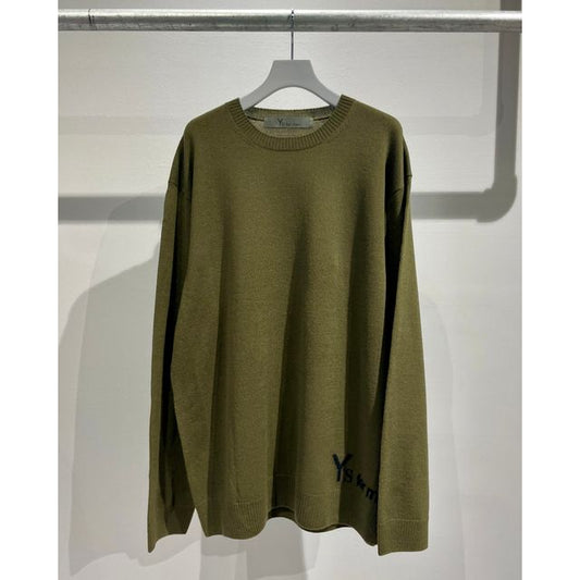 Y's for men ROUND NECK INTARSIA KNIT WITH "Y's for men" LOGO （KAHKI）