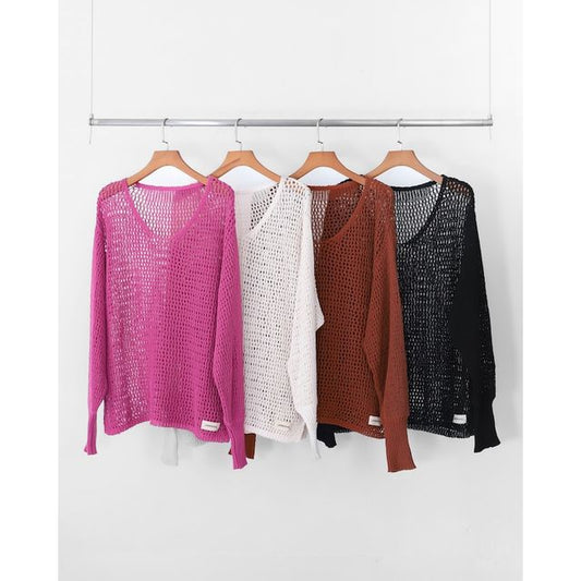 AMBERGLEAM Mesh Knit Cotton V Neck